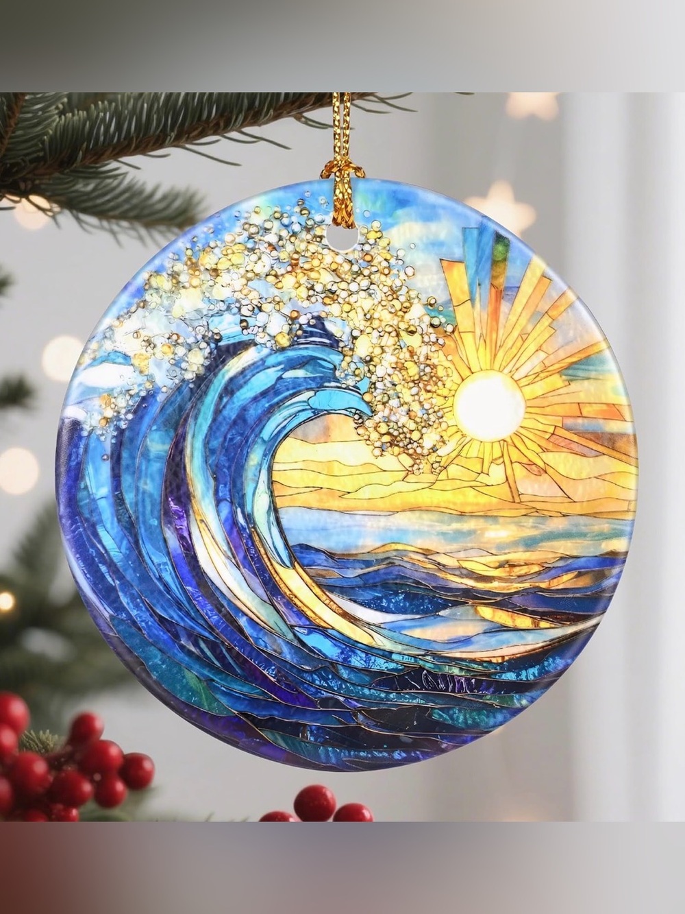 🎇Multi🎇Blue & Gold Ocean Wave Ceramic Ornament (2/$10)